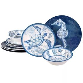 12-Piece Sea Shells Ocean Theme Dinnerware Set in Blue and White