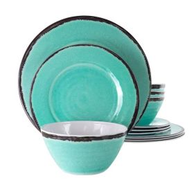 12-Piece Melamine Plates Bowls Dinnerware Set in Turquoise Blue