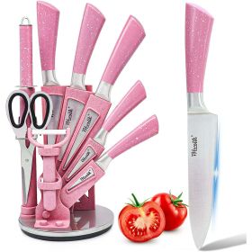 Kitchen Knife Set, 9PC Pink Handle with Acrylic Stand, Stainless Steel Non-stick Chef with Comfortable Handle for Slicing