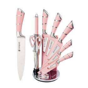 Kitchen Knife Set, 9-Pieces Stainless Steel Pink Non-Stick Coated Chef Knives with Block, Kitchen with Sharpener