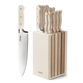 CAROTE 11PCS Knife Set with Block for kitchen, Stainless Steel Razor-Sharp Blade, Triple Riveted Ergonomic Handle