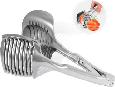 1pc Tomato Slicer Holder; Lemon Cutter; Round Fruits Vegetable Cutting Tools; Handheld Multi Purpose Tongs (Color: Stainless Steel Silver)