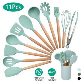 11Pcs Silicone Cooking Utensil Set Heat Resist Wooden Handle Silicone Spatula (Color: LightGreen)