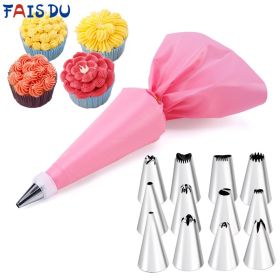 6-24 Pcs Set Pastry Bag and Stainless Steel Cake Nozzle Kitchen Accessories For Decorating Bakery Confectionery (Color: 16pcs SET 4 Pink)