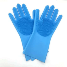 1 Pair Dishwashing Cleaning Gloves Magic Silicone Rubber Dish Washing Glove For Household Scrubber (Color: Blue, Size: 1 Pair)