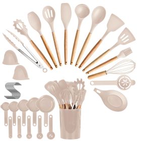 35Pcs Kitchen Cooking Utensils Set Spatula Set Baking Utensil Set Kitchen Accessories Necessities with Holder (Color: Khaki)