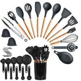 35Pcs Kitchen Cooking Utensils Set Spatula Set Baking Utensil Set Kitchen Accessories Necessities with Holder (Color: Black)