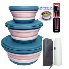 3pcs/set Camping Bowl; Silicone Collapsible Lunch Box Salad Bowl With Lid; Expandable Food Storage Containers (Color: Pink)