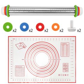 Dough Rolling Pin Stainless Steel with 4 Removable Adjustable Thickness Rings and Rolling Mat (Color: Red)