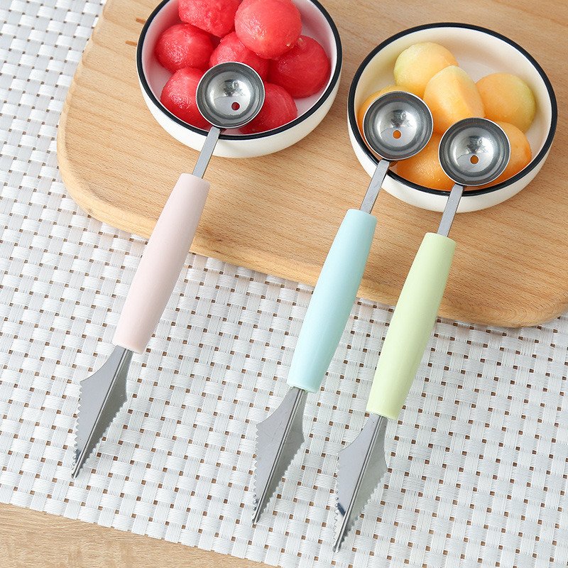 Steel Fruit Ball Scoop on one End, Cutting Tool on Other End Steel Fruit Ball Scoop on one End, Cutting Tool on Other End