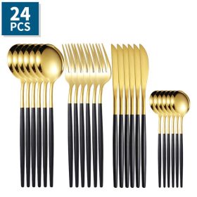 24pcs/Set Stainless Steel Cutlery (Color: Gold + Black)