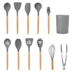 11Pcs Silicone Cooking Utensil Set Heat Resist Wooden Handle Silicone Spatula Turner Ladle tongs (Color: Grey)